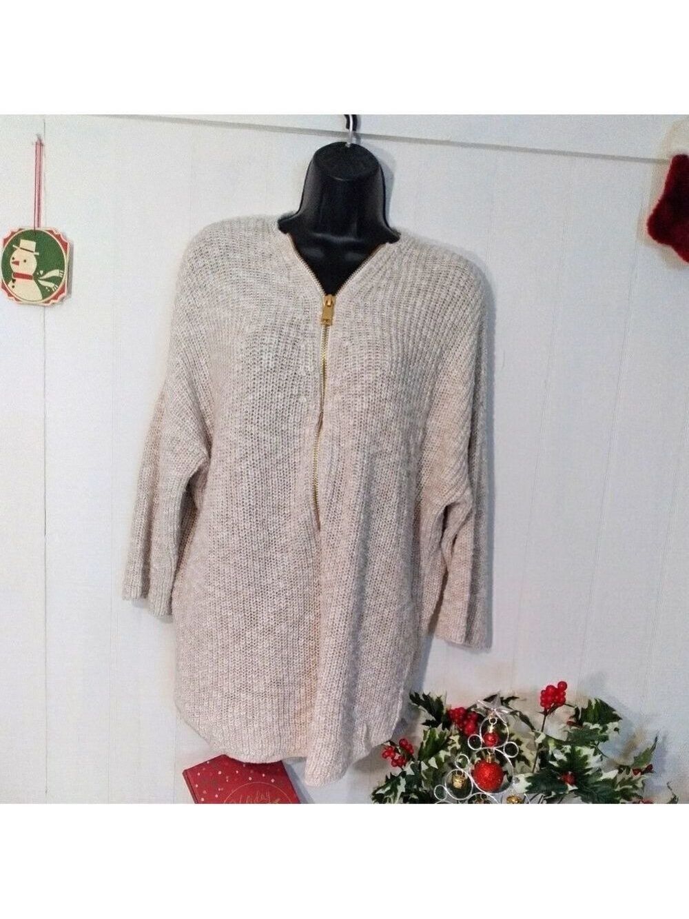 ABS by Allen Schwartz Zip Up Sweater Ivory